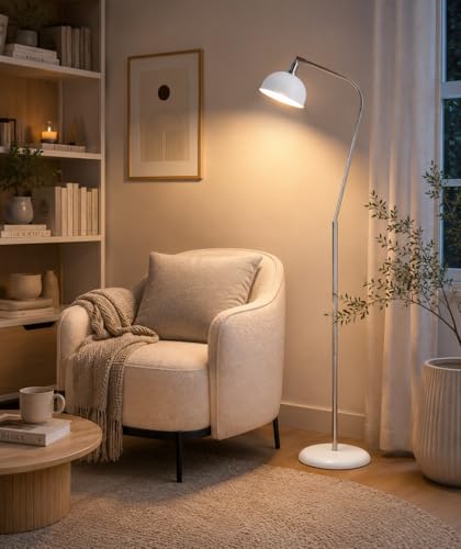 HarvestLand Halo Silver Floor Lamp with Adjustable Reading Light | Adjustable reading light, solid metal base, E26 bulb compatible. - color: White
