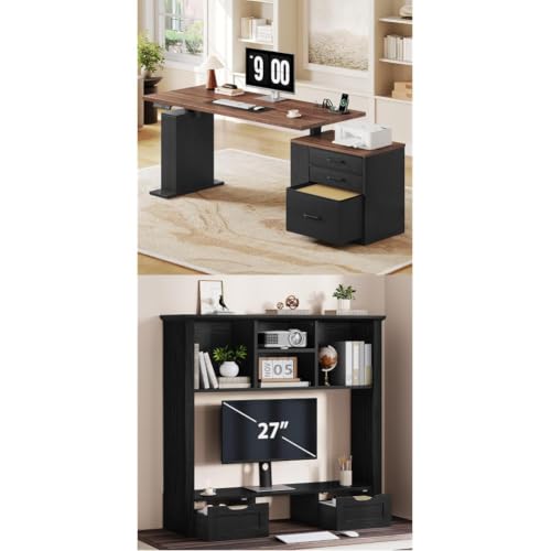 75.5'' Electric Standing Desk with 5-Tier Desktop Hutch, Farmhouse Height Adjustable Corner Desk with File Cabinet, 37.4''W Desk Organizer with Power Outlets and Built-in Monitor Stand, Black