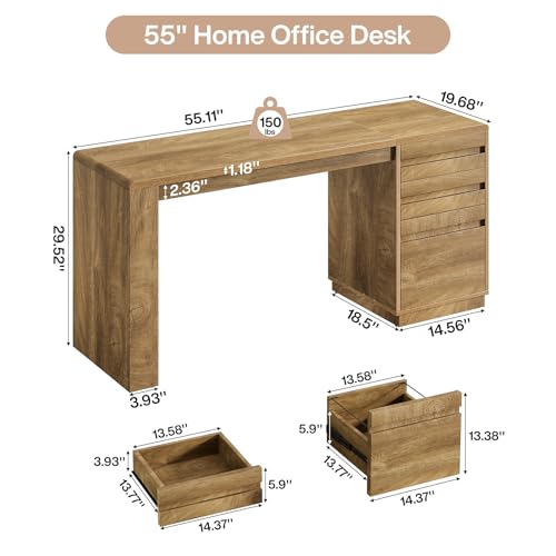 Tribesigns 55-Inch Computer Desk with 3 Drawers, Farmhouse Home Office Desk with Adjustable File Cabinet, Study Table Office Workstation, Walnut Brown