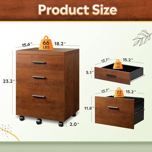 DEVAISE 3 Drawer File Cabinet for Home Office, Wood Under Desk Filing Cabinet, Rolling Printer Stand with Wheels, Walnut - color: Walnut, size: 15.7"D x 18.1"W x 25.6"H