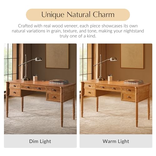 HULALA HOME 55 Inches Fluted Writing Desk with Charging Station, Teak - color: Teak