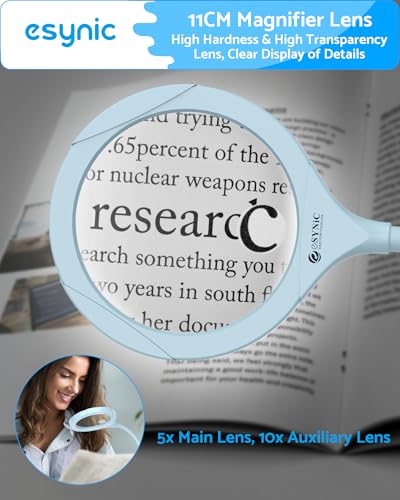 eSynic Magnifier Lamp with Light - 5X & 10X 110mm Large Lens with 15 LED Lights & USB-C Rechargeable Charging- With Flexible Gooseneck Adjustable Dual Clip& Base Mount for Crafts, Reading & Close Work