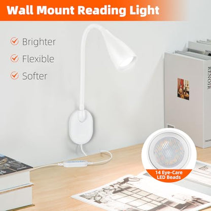 LED Wall Mounted Bedside Reading Light, 3 Color Modes,10 Brightness Dimmable, USB Charging Port, Adhesive Wall Lamp Night Light for Books in Bed, 360° Flexible Eye-Caring Bedroom Lighting White - color: White