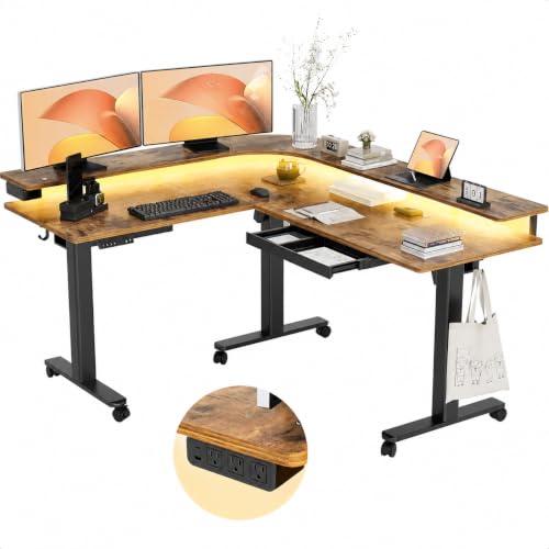 Claiks L Shaped Standing Desk with Drawers, 63 Inch, Rustic Brown | 4 Memory Presets, LED Lights, Power Outlet, Monitor Stand, Corner Desk, Adjustable Height - color: Rustic Brown