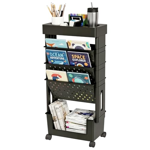5-Tier Rolling Bookshelf Magazine Rack with Wheels Black | Mobile Bookcase, Book Storage File Folder Organizer Cart for Home Study Office Living Room Classroom - color: Black, size: 5-Tier 30.5"H