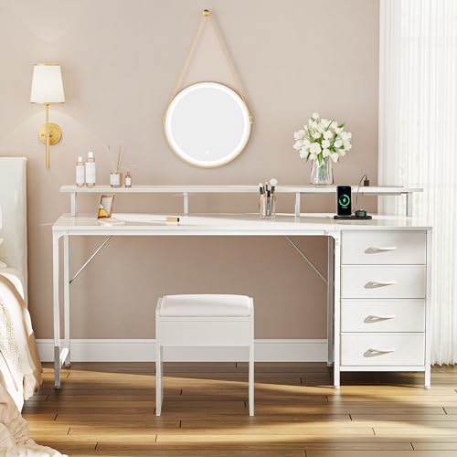 Huuger 63 Inch Computer Desk with Power Outlets and LED Lights, Gaming Desk with 4 Drawers, Office Desk with Monitor Stand, Study Work Desk for Home Office, White - color: White, size: 63 INCH