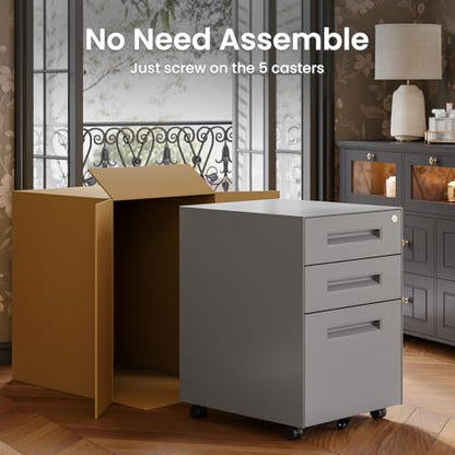 Dripex 3 Drawer Metal Rolling File Cabinet Under Desk Filing Cabinet Grey | 15"W x 18"D x 24"H, Lockable, 5 Wheels, Fully Assembled, Letter/Legal Size, Suitable for Home Office - color: Grey