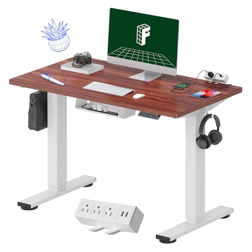 FLEXISPOT EN1 Essential Adjustable Height Desk Electric 40 inch X 24 inch Whole-Piece Desktop Small Standing Desk Ergonomic Memory Controller (White Frame + 40 inch Mahogany Desktop) | Whole-Piece Desktop, Easy-Access Clamp Power Strip, Organized Cable Ma