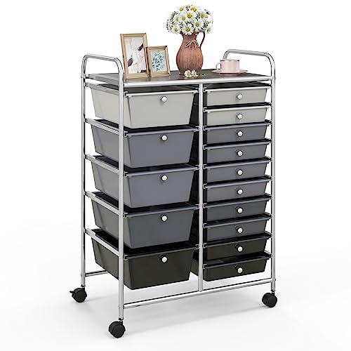 COSTWAY 15 Drawer Rolling Storage Cart, Mobile Utility Cart with Lockable Wheels, Drawers, Multipurpose Organizer Cart for Home, Office, School, Gradient Black - color: Gradient Black