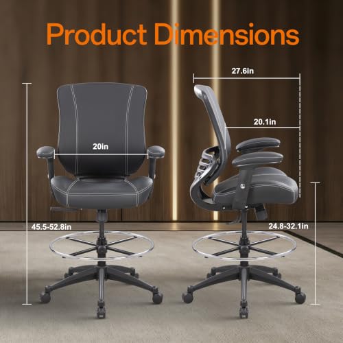 BOLISS 400lbs Ergonomic Drafting Chair Mid Back Premium Leather - color: Black Leather