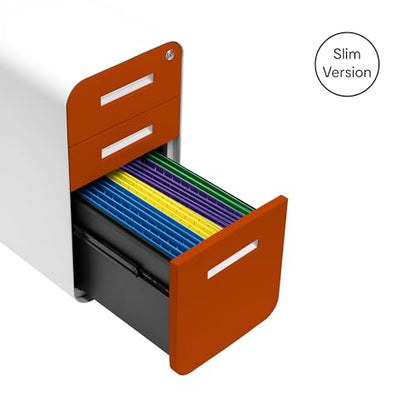 Laura Davidson Furniture Stockpile Slim 3-Drawer Mobile File Cabinet with Lock - Under Desk Metal Filing Cabinet, Legal/Letter File Folders, Wheels and Stationary Feet, Pre-Assembled, Orange Faceplate - color: Orange Faceplate
