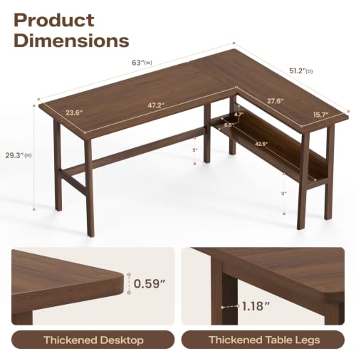NELYE 63" Reversible L Shaped Desk with Shelf for Home Office, Walnut | Fits Corner Spaces, Trapezoid Oak Legs & Reinforced Corners Reduce Wobble, Holds 330 Lbs, Suitable for Working and Studying - color: Walnut, size: 63 inches