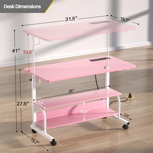 Armocity 32" Rolling Standing Desk with Charging Station for Couch Bed - color: Pink, size: 32''