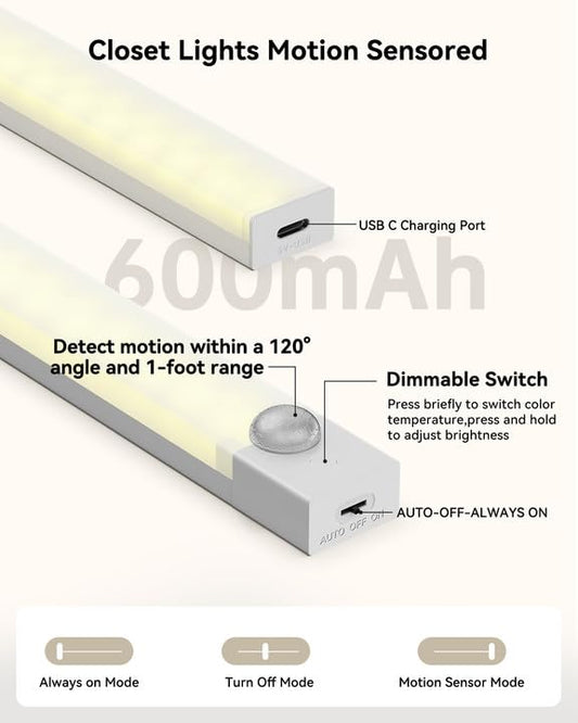 Under Cabinet Lighting Rechargeable, 12-In Motion Sensor Light Indoor 6Pack | Motion Sensor Light Indoor, 3 Color Closet Light Battery Operated Dimmable,Stick on Magnetic Under Counter Lights for Kitchen - size: 12inch-6pack