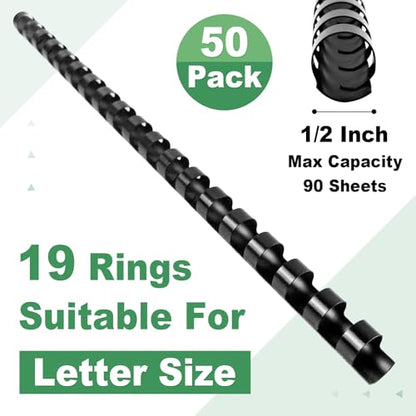 HOUYEE 50 Pack 1/2 Inch Plastic Binding Combs Spines, 19 Rings, Black | 12 mm Binder Combs for Letter Size Paper, 90 Sheets Capacity , for Book Binder Office School Supplies - size: 1/2 inch, 50 pack