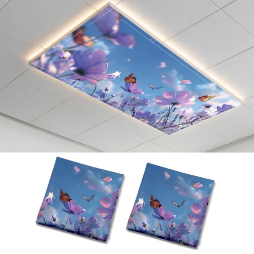 2 Pack Purple Cosmos Butterfly Decorative Ceiling Light Covers, Magnetic 4x2 Ft Fluorescent or LED Panel Filter, Anti-Glare Eye Protection for Classroom Office - color: Flower (4)