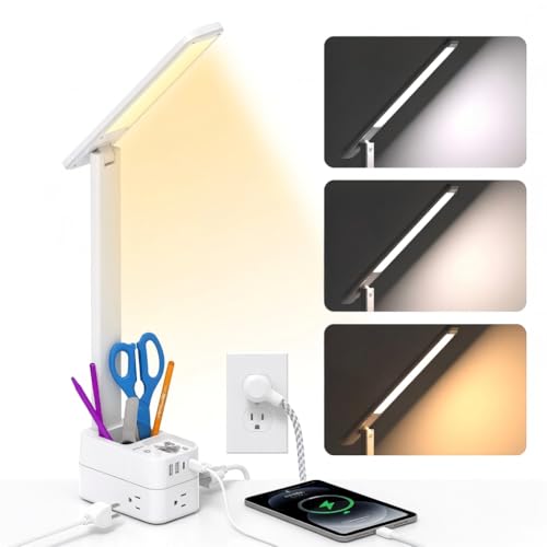 Addtam Desk Lamp with Pen Holder, LED Desk Lamps for Home Office, Power Strip with 3 Outlets 4 USB Charging Ports(2 USBC), 3 Color Modes Touch Lamp, Study Lamps for College Dorm Room Essentials, White - color: White Pro, size: 5 FT