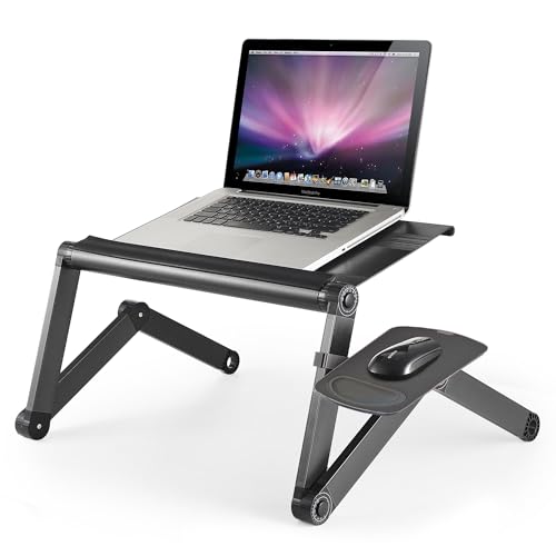 WorkEZ Cooling Adjustable Laptop Stand for Desk w/Fan USB Ports Mouse Pad Ergonomic Foldable Laptop Stand Riser Portable Computer Holder, Black | WorkEZ Cool laptop stand for desk, with adjustable height, tilt and a removable mouse pad. Also works in bed