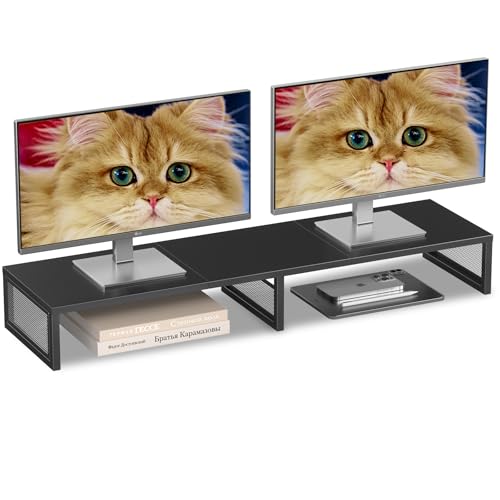 Dual Computer Monitor Stand Riser, Desk Organizers and Accessories, Printer & TV Stand, Desk Shelf, Office Desk Accessories & Desktop Workspace Organizer for Office Supplies, Black - color: Black