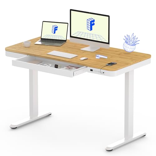 FLEXISPOT 48" Electric Standing Desk with Drawers, USB Charging Ports, Quick Assembly, Height Adjustable Sit Stand Desk with Child Lock for Natural Home Office, Bamboo Finish Top/White Legs - color: Natural/White, size: 48x24"