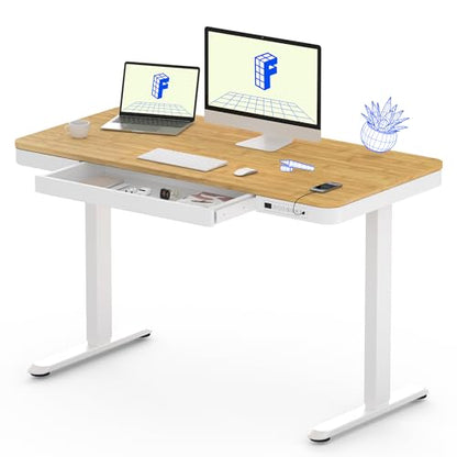 FLEXISPOT Comhar 48" Electric Standing Desk with Drawers, USB Charging Ports, Quick Assembly, Height Adjustable Sit Stand Desk with Child Lock for Natural Home Office, Bamboo Finish Top/White Legs - size: 48"Bamboo Texture/White