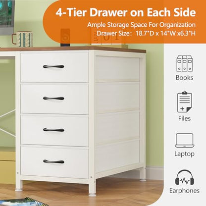 95" 2 Person Desk with 8 Fabric Drawers for Home Office, Living Room - color: Brown and White, size: 18.9"D x 94.5"W x 29.3"H
