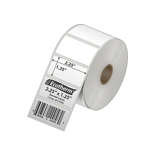 2.25" x 1.25" Thermal Labels | 4 Rolls | 1,135 Labels/Roll | 4,540 Total | fits Zebra, Munbyn, Rollo, Godex, Arkscan, iDPRT, Offnova Thermal Printers | Blank White Adhesive Stickers by Ecotherm - size: 2.25 x 1.25 - 4540 Labels