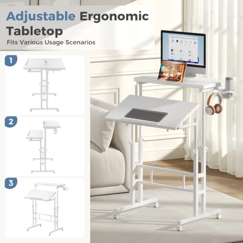 DUMOS Rolling Standing Desk, Sit Stand Desk, Computer Cart | Manual Height Adjustable, Split Top Mobile, Laptop Workstation, Portable Home Office, Walking Pad Study Surface, Modern White - color: Modern White