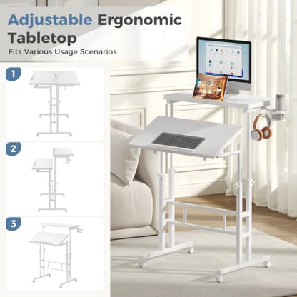 DUMOS Rolling Standing Desk, Sit Stand Desk, Computer Cart | Manual Height Adjustable, Split Top Mobile, Laptop Workstation, Portable Home Office, Walking Pad Study Surface, Modern White - color: Modern White