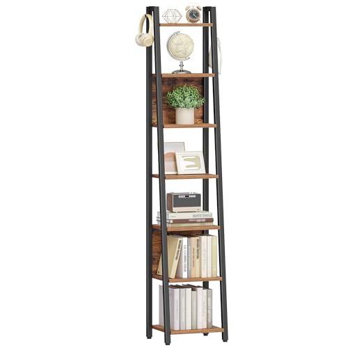 Hzuaneri Ladder Shelf, 7 Tier Narrow Bookshelf with 2 Back Panels | Corner Storage shelf with 2 Hooks, for Home Office, Living Room and Bedroom,12.2"D x 12.2"W x74.2''H,Rustic Brown BC31701B - size: 12.2"D x 12.2"W x 74.2"H