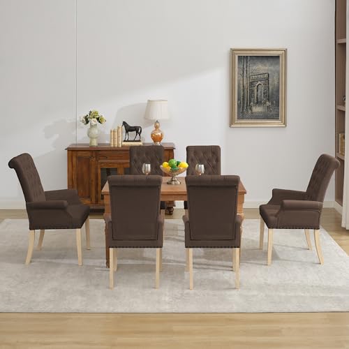 LOULENS Linen Dining Chair with Arms, Tufted Dining Room Chairs, Brown | Solid Wood Legs, Nailhead Trim, Accent Chair, Kitchen Chair - color: Brown-a, size: 1 PCS