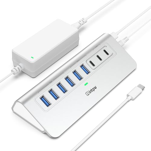 Powered USB Hub 10Gbps, intpw YH6AC 9-Port USB 3.2 Hub (USB A/USB-C 3.2, 4 USB 3.0, 2 PD 45W Charging Ports), 65W Power Adapter + 3.3FT Cable, Aluminum USB Hub for PC/Laptop, iPhone 17/16/15 - color: Silver, size: 9 Port