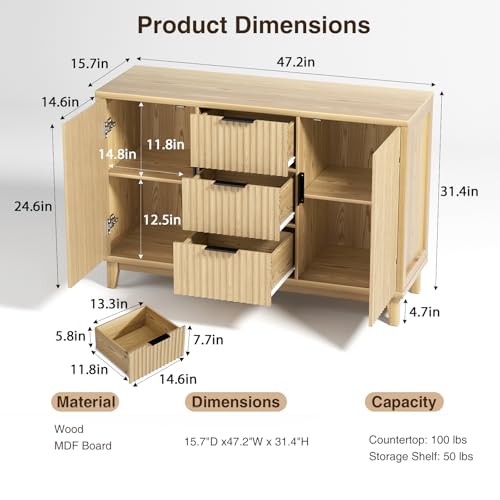 47.2" W Storage Cabinet with 3 Drawers, Fluted Buffet Cabinet with Storage - color: Natural, size: 3 Drawers - 15.7"D x 47.2"W x 31.5"H