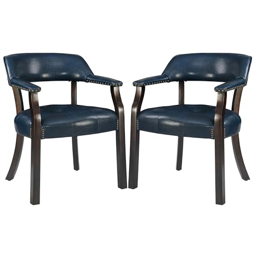 LEEMTORIG Set of 2 Faux Leather Dining Chair with Arms, Solid Wood Dining Chair with Supportive Back, Boss Caption's Chairs Office Desk Chairs, Espresso Legs & Blue PU CY-NX173-318LB - color: Espresso Legs & Blue Pu, size: Set of 2