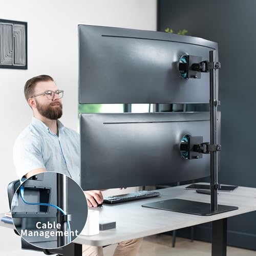 VIVO Freestanding Dual Vertically Stacked Ultra-Wide Monitor Desk Stand, Extra Tall Heavy Duty Adjustable Mount for 2 Ultrawide Screens up to 49 inches, 44 lbs Per Screen Capacity, Black, STAND-V202L - size: Up to 49", style: Steel Base