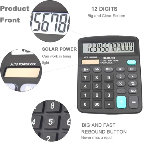 Calculators, BESTWYA Large Button Desk Calculator (Black, Pack of 5) | 12-Digit Dual Power Angled LCD Display Handheld Desktop Feature for Office, School, Home - color: Black, Pack of 5