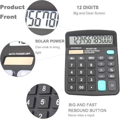Calculators, BESTWYA Large Button Desk Calculator (Black, Pack of 5) | 12-Digit Dual Power Angled LCD Display Handheld Desktop Feature for Office, School, Home - color: Black, Pack of 5