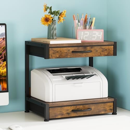 VENNQD 2-Tier Desktop Printer Stand with 2 Fabric Drawers, Prtiner Table with Storage Shelf, Desk Organizer for Home Office,3D Printer,Fax Machine,Scanner (Brown, 2 Tier) - color: Brown