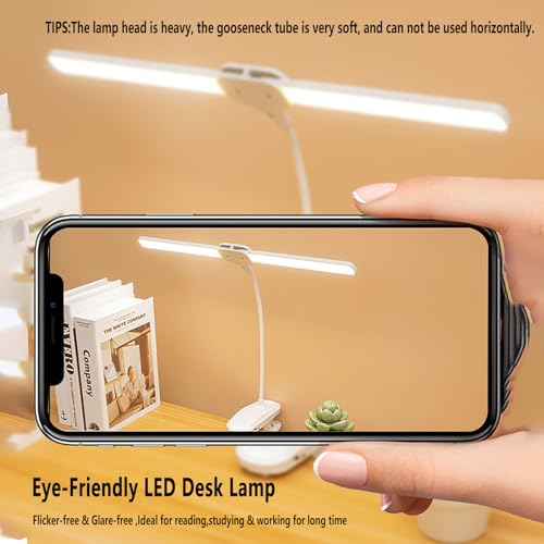 Dual Head LED Desk Lamp with Clamp, Eye-Caring Clip on Lights for Home Office, 4000mAh Rechargeable Battery Operated Table Lamps,3 Lighting Modes & Brightness Dimmer Light for Students (4000)
