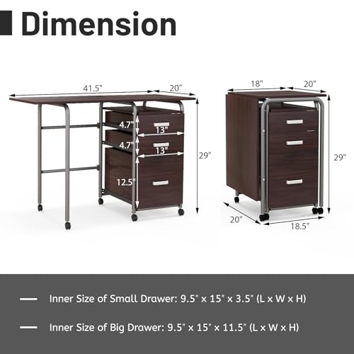 GIANTEX Folding Desk for Small Space, Rolling Home Office Desk with 3 Drawers & Lockable Universal Wheels, Mobile Study Writing Desk for Dorm Apartment Bedroom, Brown - color: Brown