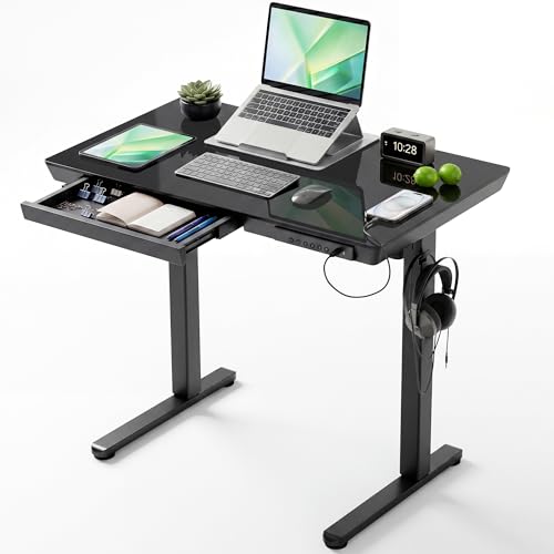 YDN Glass Standing Desk with Drawers, 35 Inch, Black | Quick Install, Whole-Piece Glass Top, USB ports and a Type-C port, Buil in Drawers, Writable Glass Top, 2 Hooks - color: Black, size: 35 inch