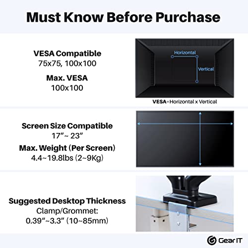 GEARit Dual Monitor Arm Mount Gas Spring Desk Stand for 32 Inch VESA 75 100