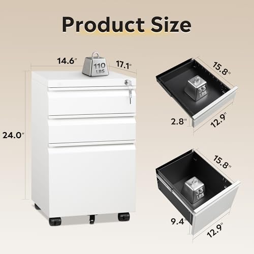 DEVAISE 3 Drawer Mobile File Cabinet, Fully Assembled Except Casters | Under Desk Metal Filing Cabinet with Lock for Home Office, Fits Letter/Legal/A4 Sizes, White - color: White, size: 17"D x 15"W x 24"H