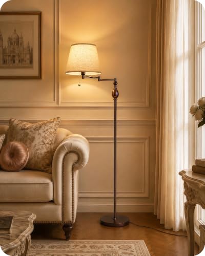 Vintage Floor Lamp with 350°Adjustable Swing Arm, 61” Mid-Century Modern Floor Lamp, Standing Pole Lamp with Pull Chain Switch, Antique Reading Lamp for Living Room, Bedroom, Rustic Brown VE13LD05 - color: Beige + Rustic Brown
