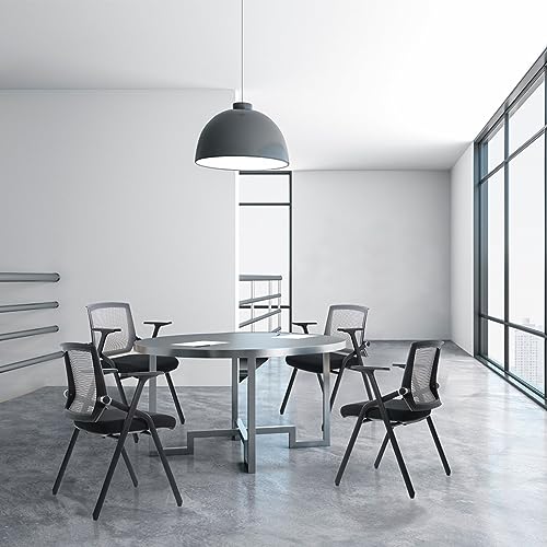 Conference Room Chairs, Folding Office Desk Chair with Lumbar Support and Sliding Armrest with Casters, Stackable Office Guest Chairs & Reception Chairs(4 Pack) - color: Grey, size: 4 Pack