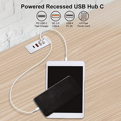Powered USB C Hub Socket Recessed USB C Power Strip Outlet with Fast Charge 4 USB Ports 20W Mounted into Bed Desk Table Sofa (White)