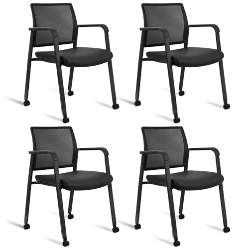 CLATINA Mesh Back Guest Reception Stacking Chair with Wheels, Waiting Room Stackable Chairs with Upholstered Leather Seat & Ergonomic Lumbar Support for Office Conference School Lobby, Black, 4 Pack - color: Black_leather_wheels, size: 4pack