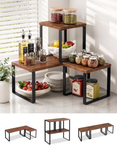 Countertop Organizer Corner Shelf, Wooden 2 Tier Stackable Kitchen Counter Shelves with Non-Slip Pads, Adjustable 3-Piece Desktop Corner Shelf for Desk, Kitchen, Bathroom, Coffee Corner
