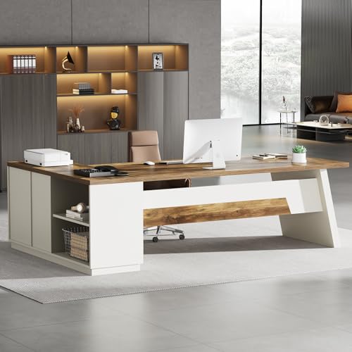 Tribesigns L-Shaped Executive Desk, 78-Inch Modern Office Desk with Drawers and Lateral File Cabinet, Large Bussiness Furniture with Storage Shelves, Workstation for Home Office (Brown + White) - color: Brown + White