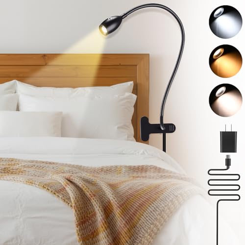 1 Pcs LED Clip on Reading Light for Bed Headboard, 3 Color Dimmable Stepless Book Light with Flexible Gooseneck Clamp Desk Lamp for Reading with USB for Bedroom, Dorms, Office, Studio (Black) - color: Black